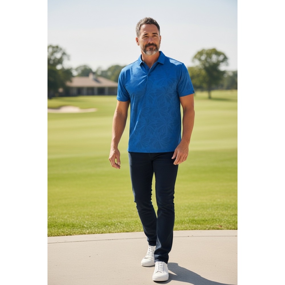 577 Greg Norman Mens Blue Floral Jacquard Performance Golf Polo XXL NWT
